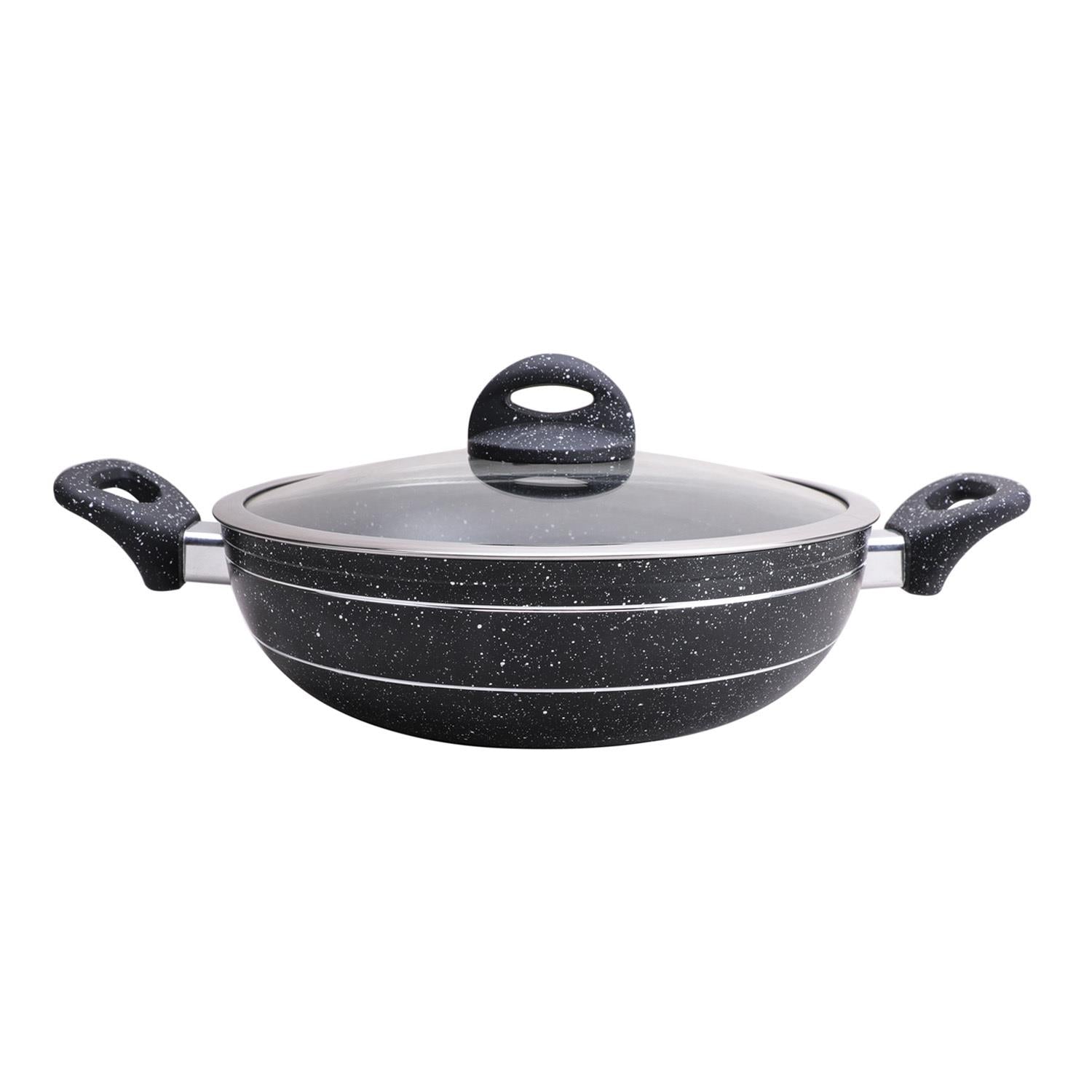 Wok Pan Frying Pan Glass Lid Non-Stick Granite Coating 26Cm