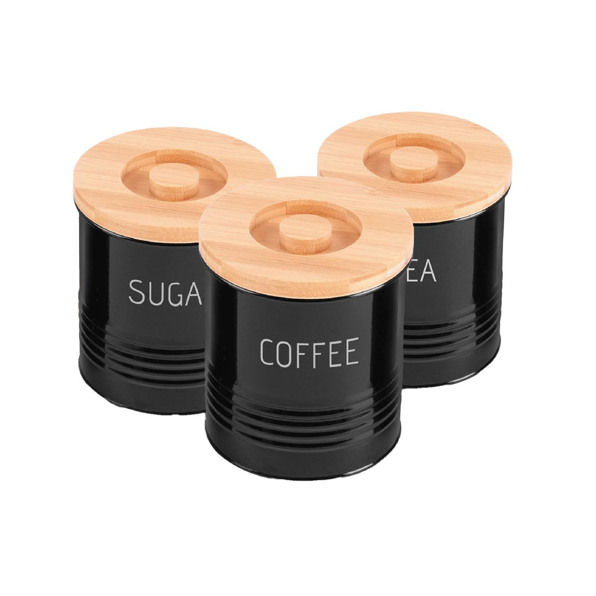 3-Piece Black Tea, Coffee and Sugar Kitchen Storage Canister Jars