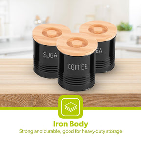 3-Piece Black Tea, Coffee and Sugar Kitchen Storage Canister Jars