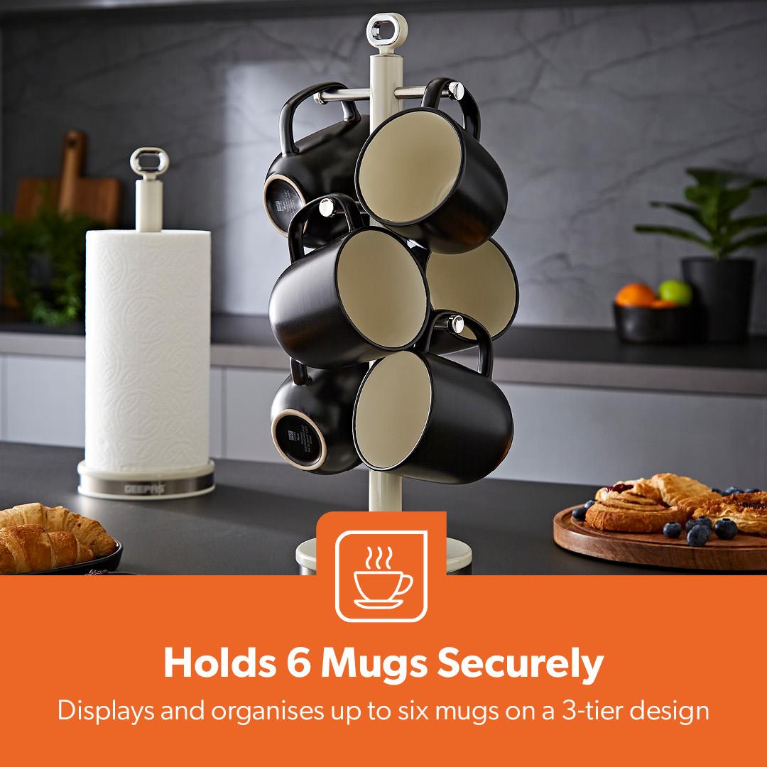 Retrovive Cream Mug Tree and Towel Pol Kitchen Counter Set