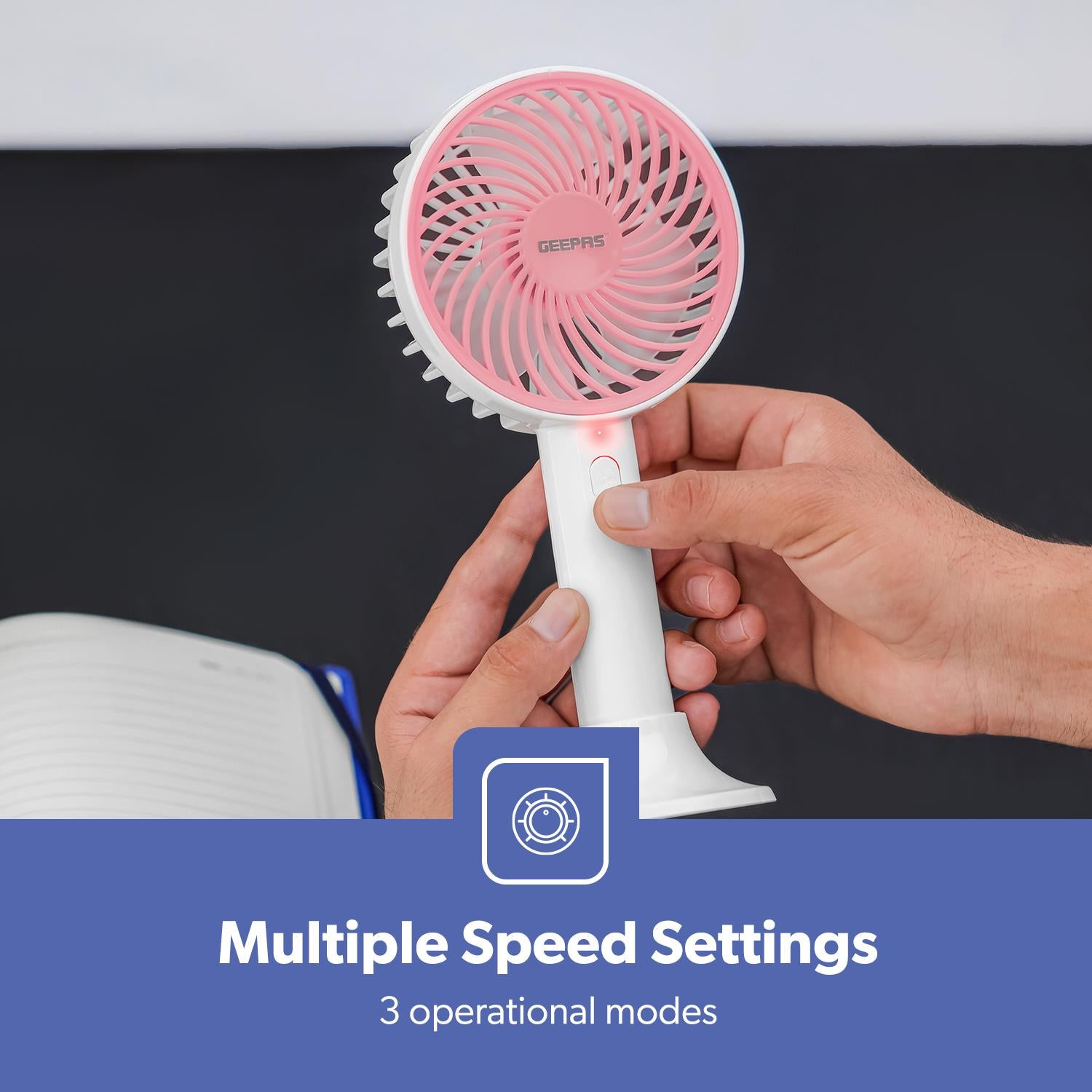 3-Speed White and Pink Handheld Mini Fan