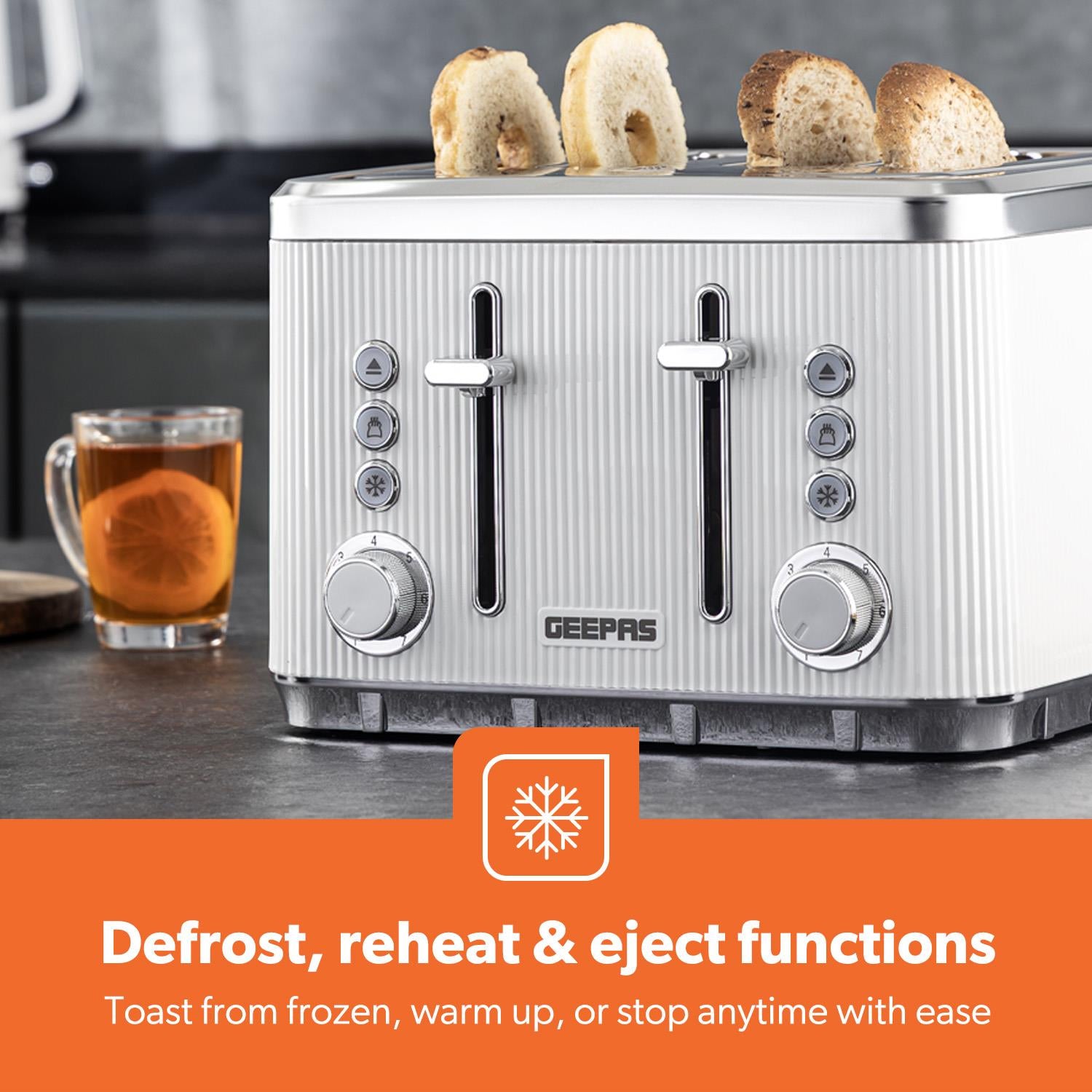 4 Slice Toaster 7 Browning Defrost Reheat Function 1860W Arcus White