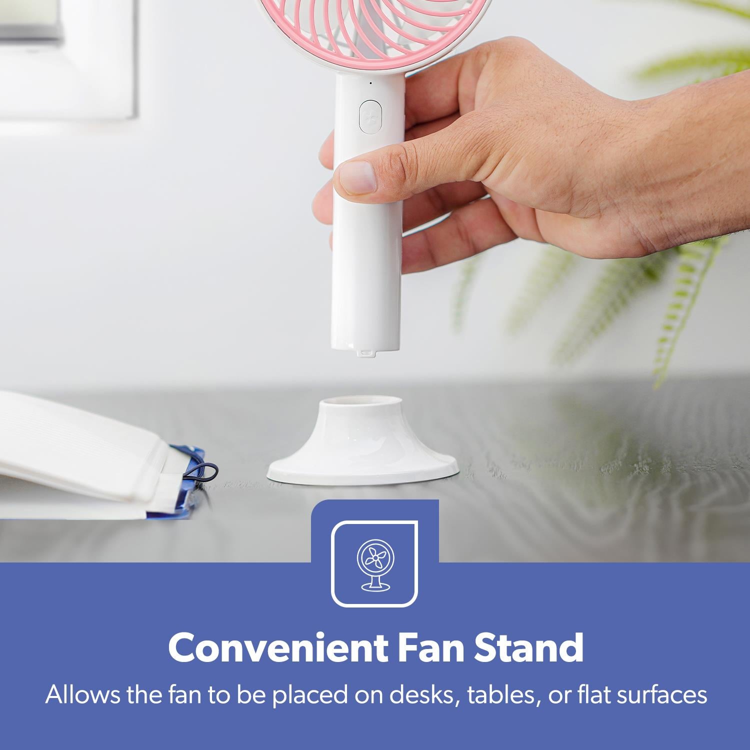 3-Speed White and Pink Handheld Mini Fan