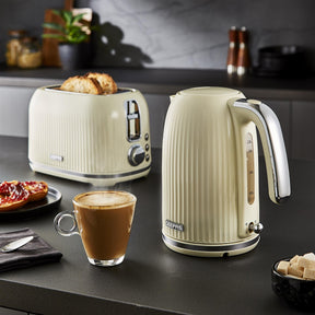 Fluted 1.7L Electric Kettle, 2-Slice Toaster & Microwave Set In Cream