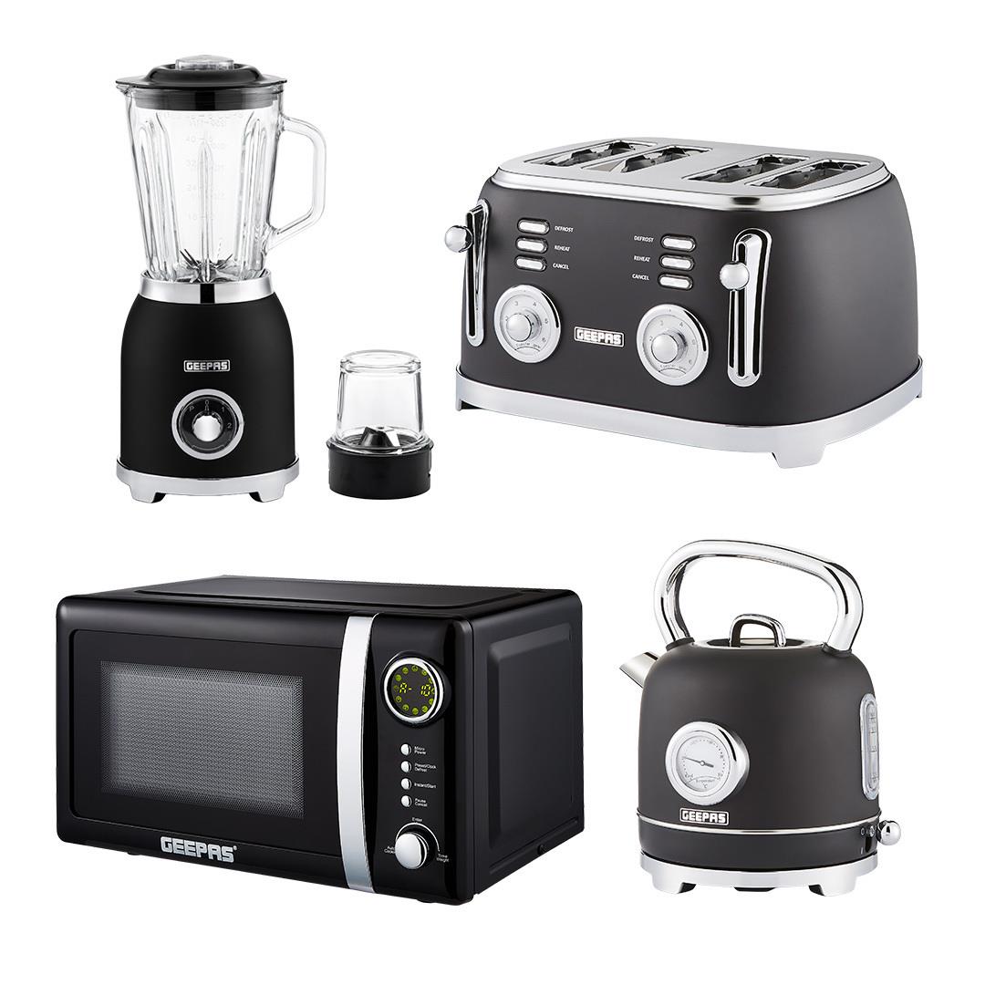 Black Retrovive 1.8L Electric Kettle, 4-Slice Toaster, 20L Microwave & Blender Set