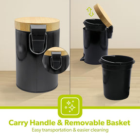 5L Black Pedal Home and Kitchen Bin With Wooden Lid