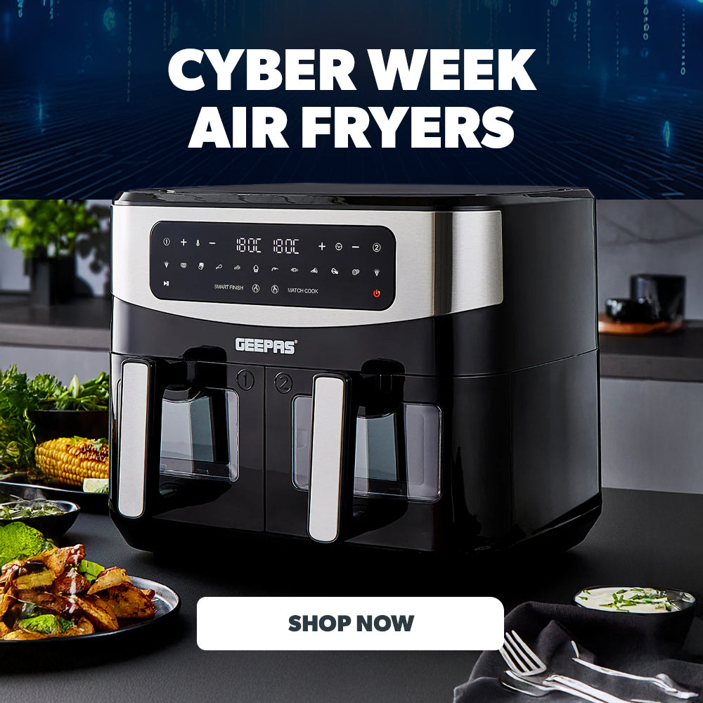 Air fryer cyber week deals collection banner showing off a dual basket air fryer on top of a kitchen countertop with different foods around it.