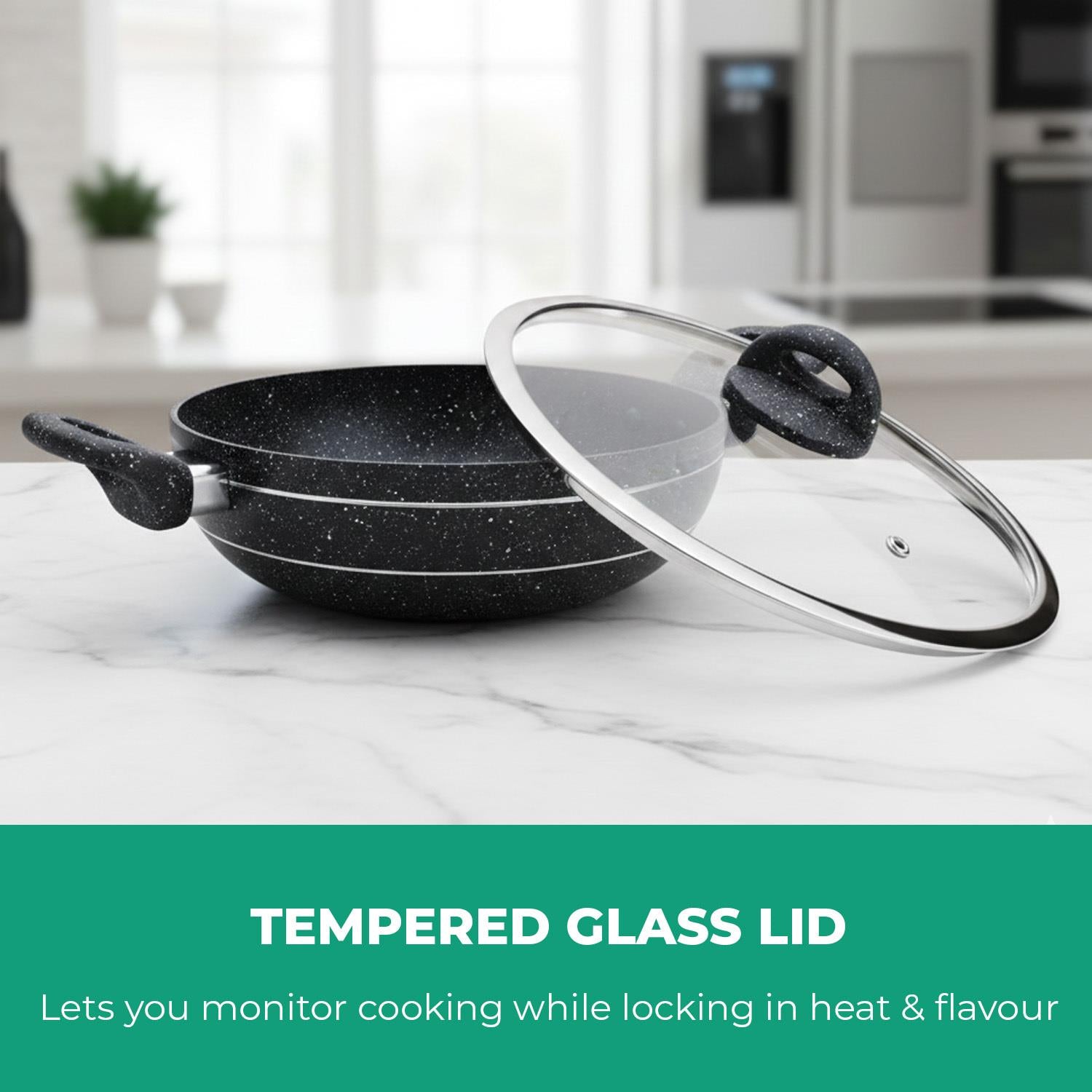 Wok Pan Frying Pan Glass Lid Non-Stick Granite Coating 26Cm