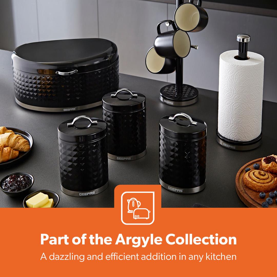 4Pc Tea Coffee Sugar Canister 1.3L & 9L Bread Bin Set Argyle Black