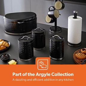 4Pc Tea Coffee Sugar Canister 1.3L & 9L Bread Bin Set Argyle Black