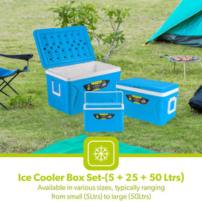 3-Piece Blue Insulated Ice Cooler Chests (5L, 25L & 50L)