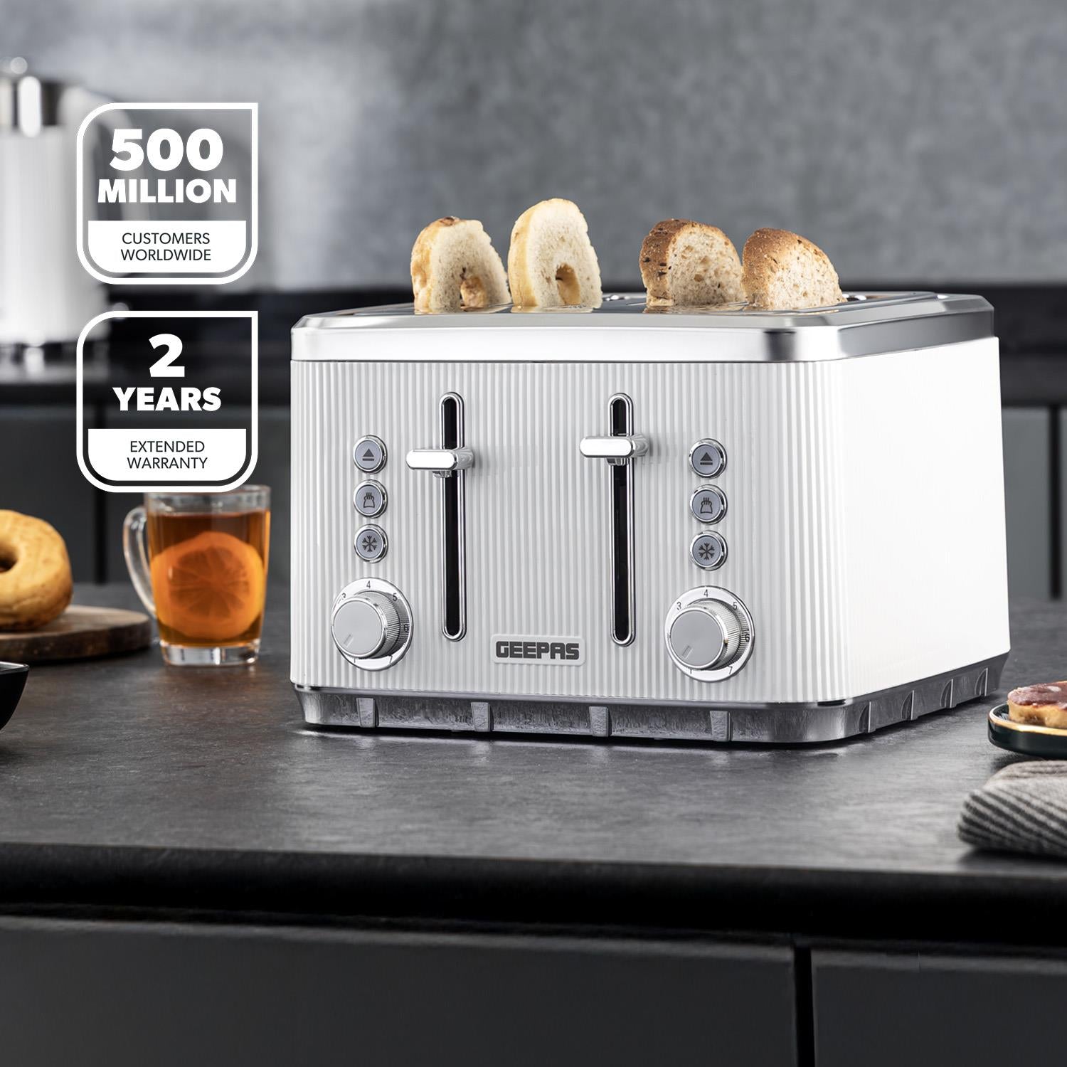 4 Slice Toaster 7 Browning Defrost Reheat Function 1860W Arcus White