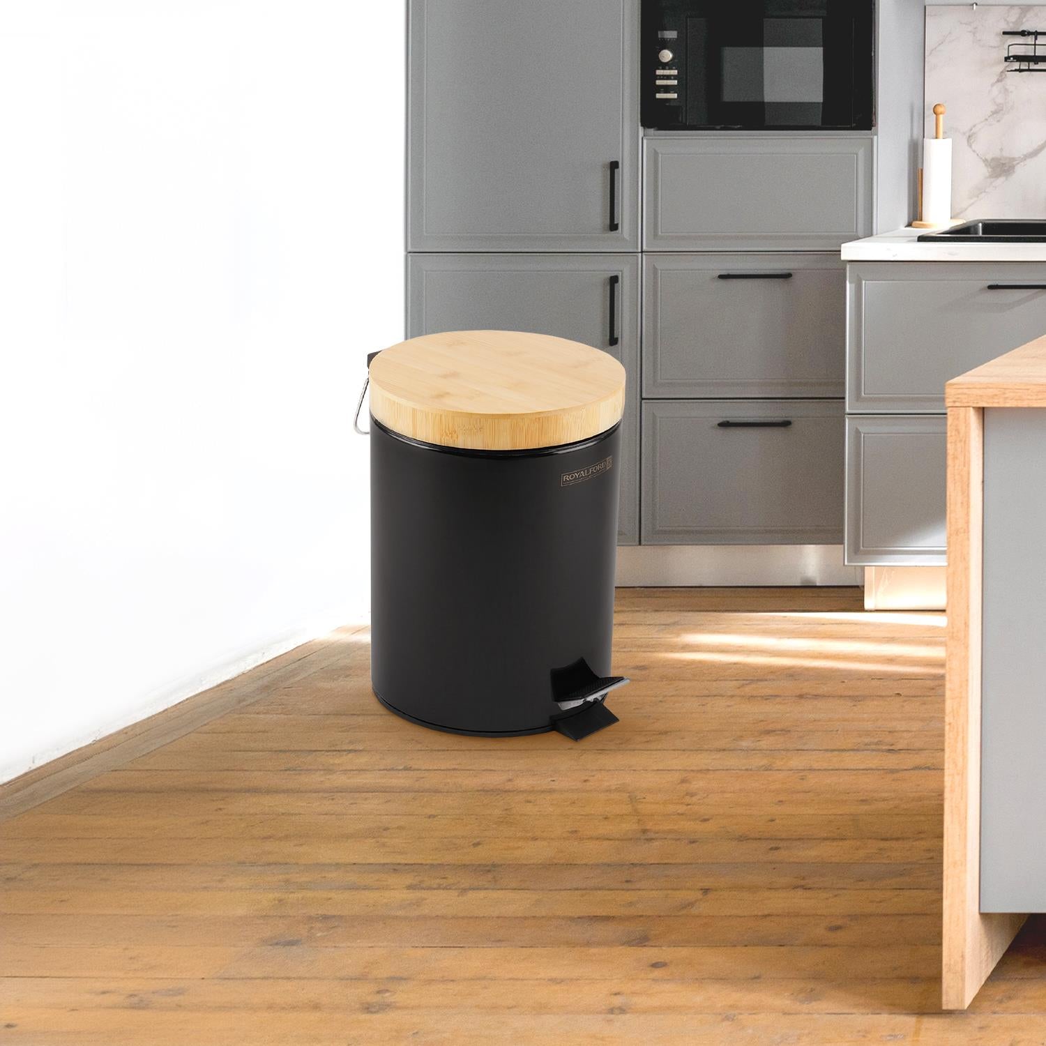 5L Black Pedal Home and Kitchen Bin With Wooden Lid