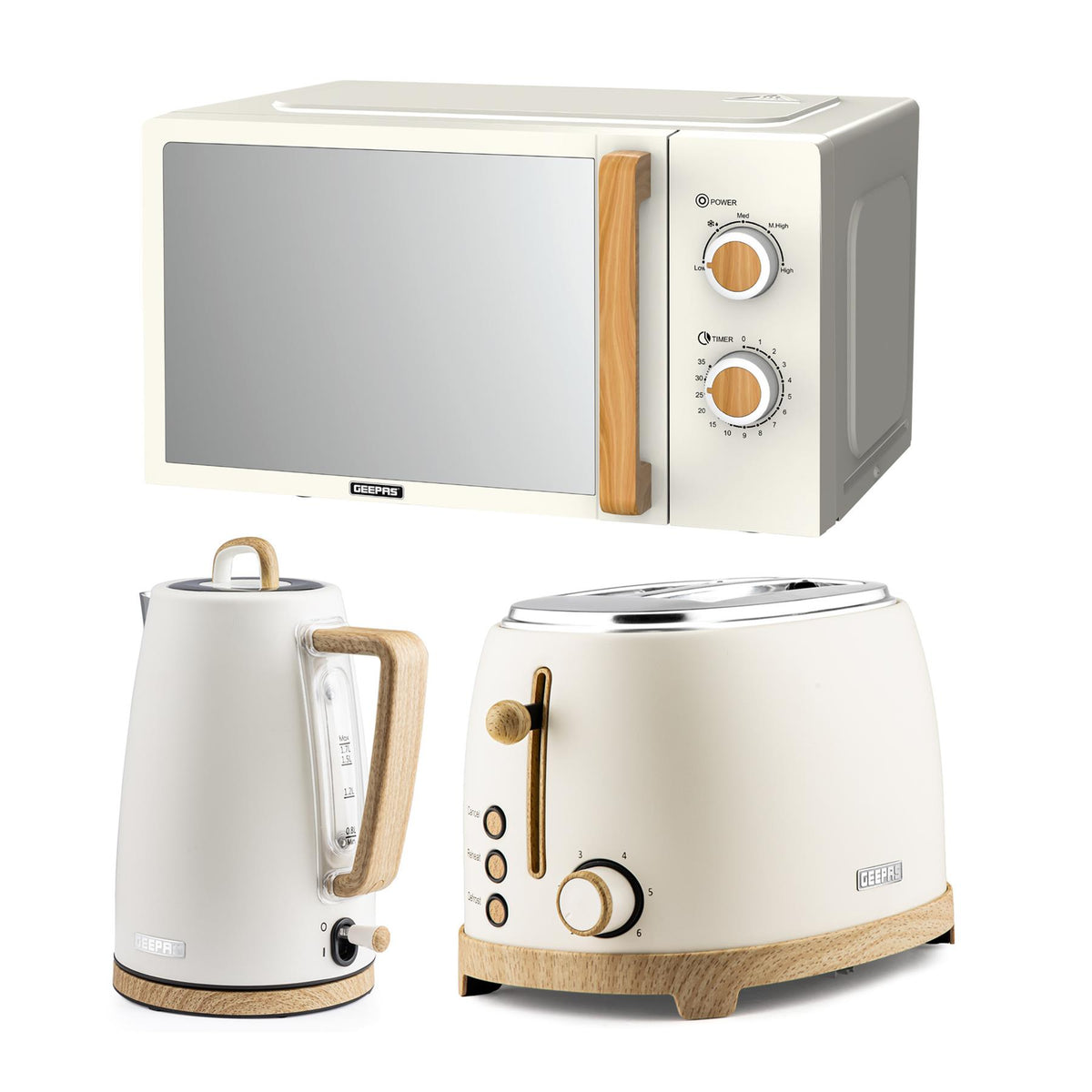 GEEPAS Scandi-style kitchen collection: Cream microwave, cordless electric kettle, and wide-slot toaster with light wood effect accents.