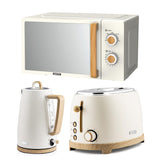 GEEPAS Scandi-style kitchen collection: Cream microwave, cordless electric kettle, and wide-slot toaster with light wood effect accents.