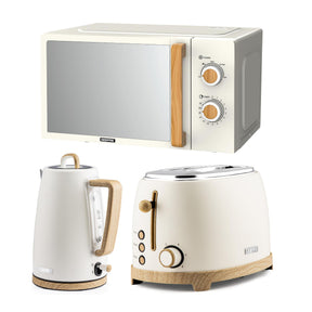 GEEPAS Scandi-style kitchen collection: Cream microwave, cordless electric kettle, and wide-slot toaster with light wood effect accents.
