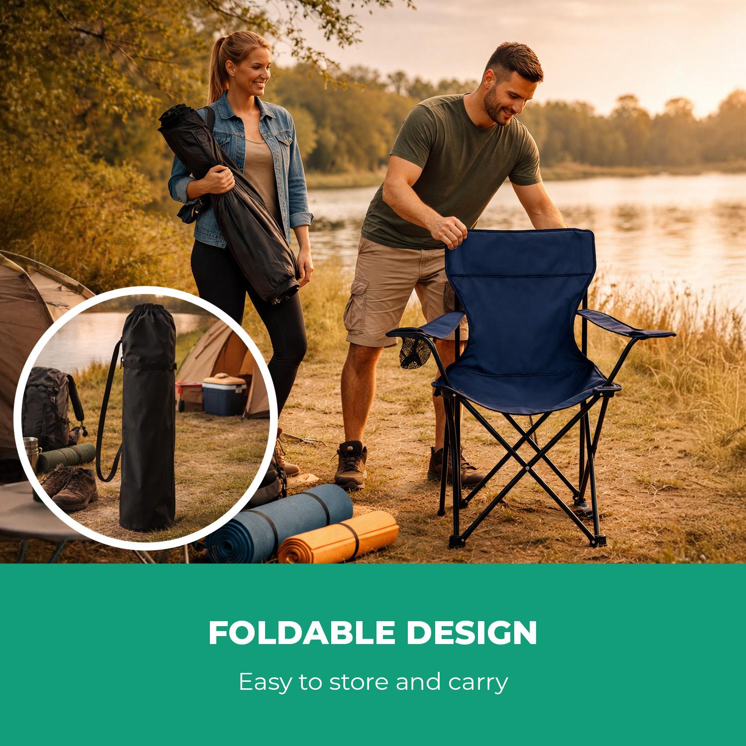 2-Pack Blue Folding Camping Chairs With Integrated Cup Holder