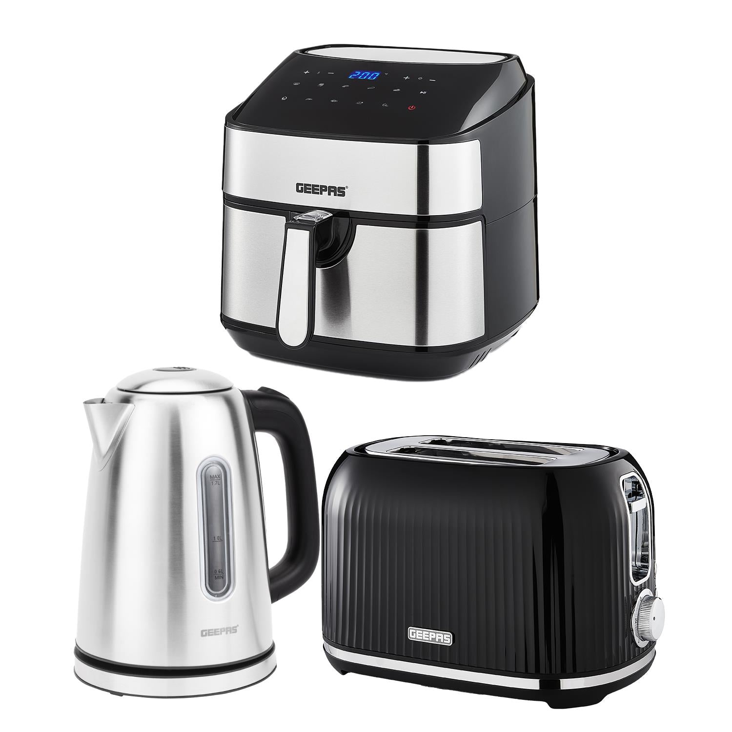 1.7L Electric Kettle 2 Slice Bread Toaster & 7.5L Air Fryer Kitchen Set