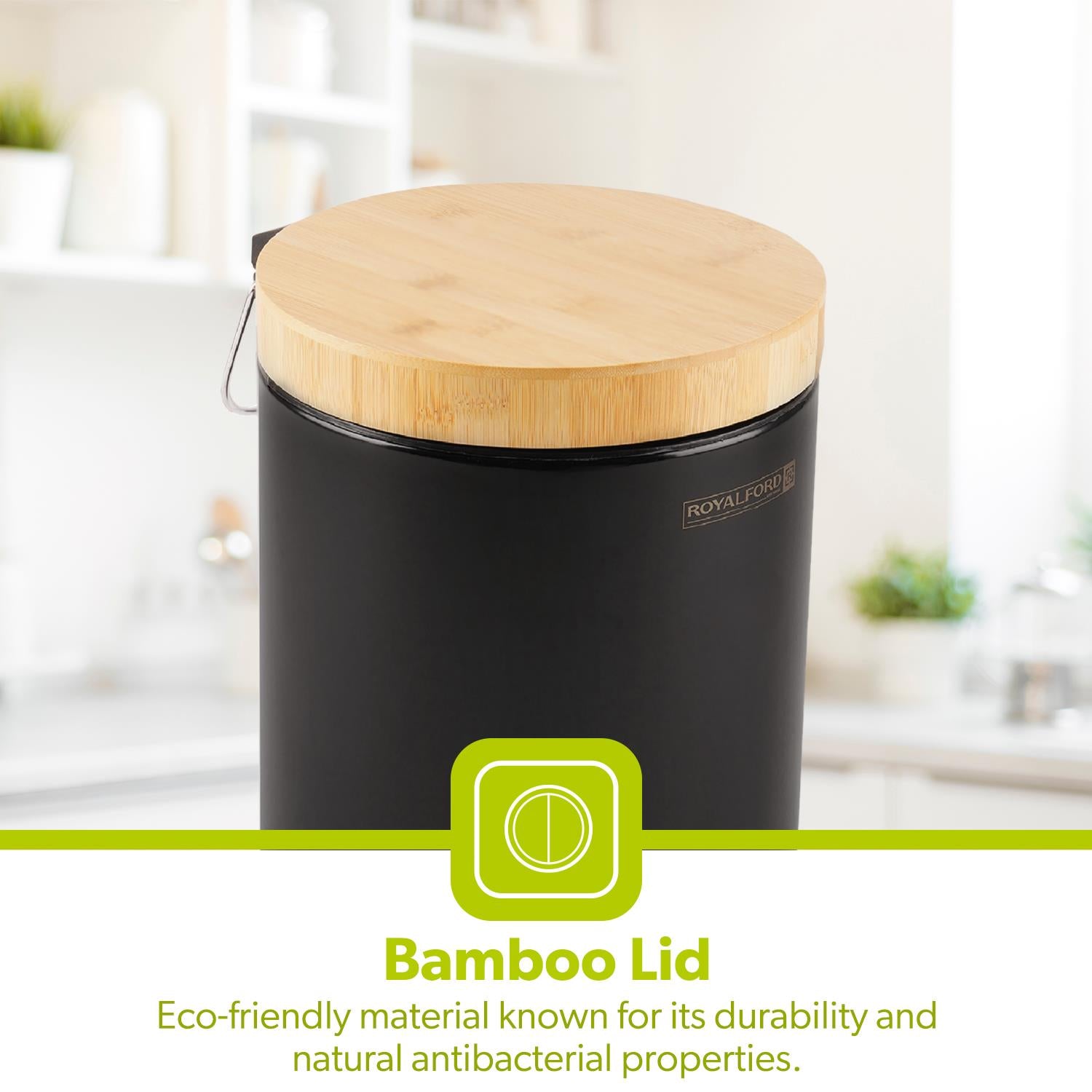 5L Black Pedal Home and Kitchen Bin With Wooden Lid