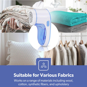 The image shows off the lint remover and fabric shaver around 4 images of different fabrics it can be used on.