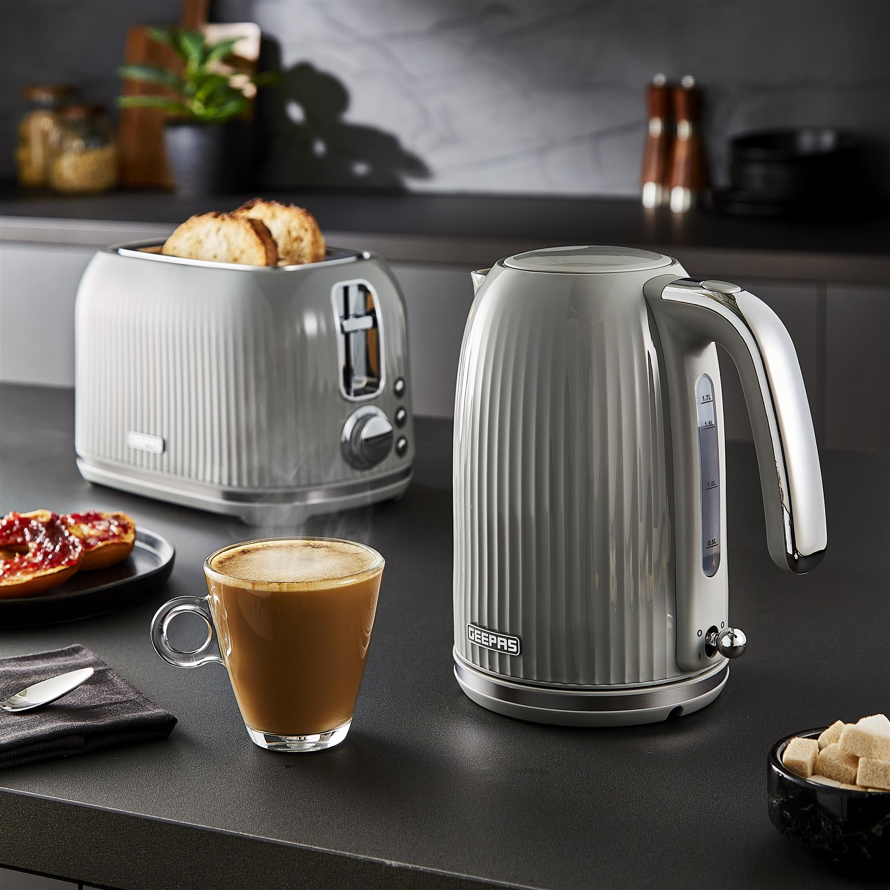 Fluted 1.7L Electric Kettle 2 Slice Toaster Microwave Set In Grey