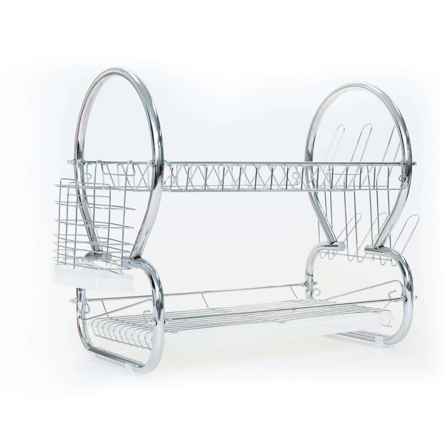 Chrome Silver 2-Tier Dish Draining Rack with Utensil Holder and Drip Tray