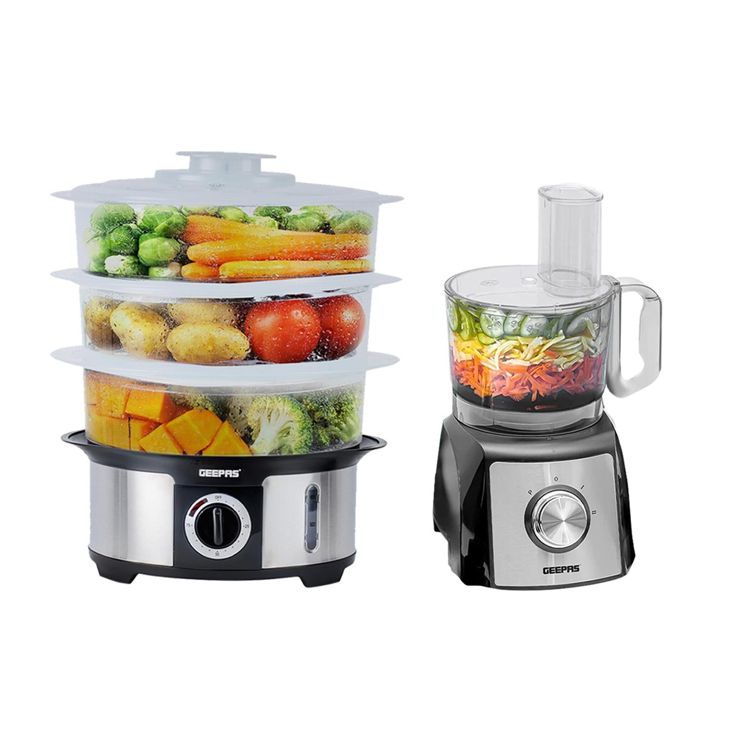 3-Tier Food Steamer & 1200W Compact Food Processor Set