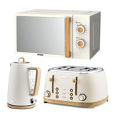 Set of kitchen appliances including a microwave, kettle, and toaster on a white background