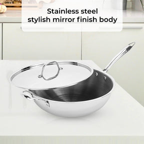 30cm Triply Stainless Steel Wok Pan With Lid