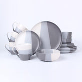16-Piece Tri-Colour Stoneware Dinner Set Plates, Bowls and Cups