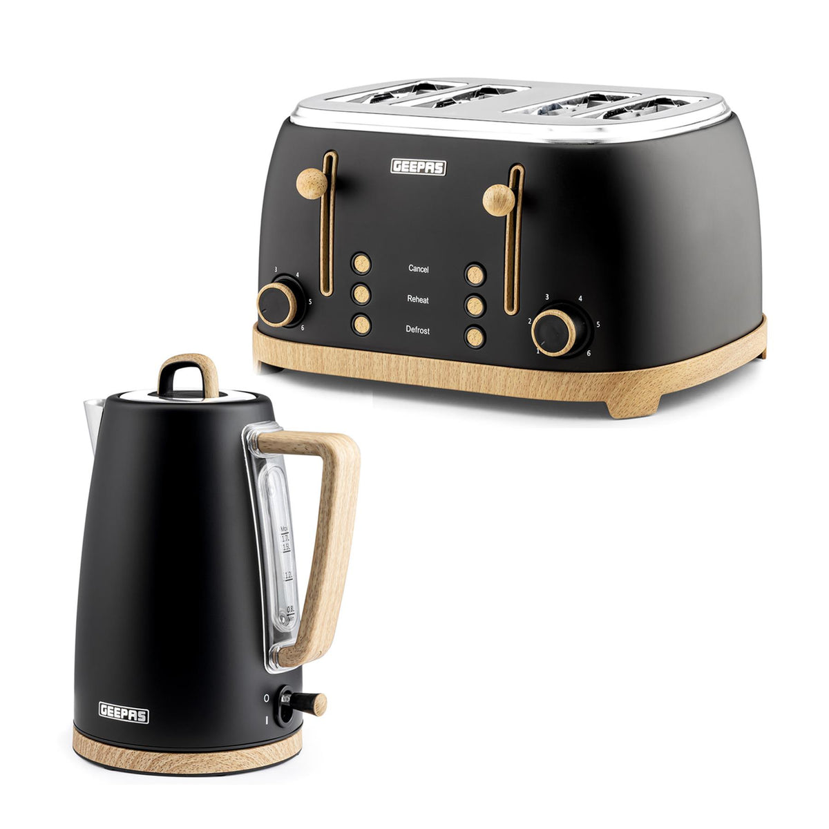Black toaster and kettle set with wooden accents on a white background