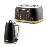 Black toaster and kettle set with wooden accents on a white background