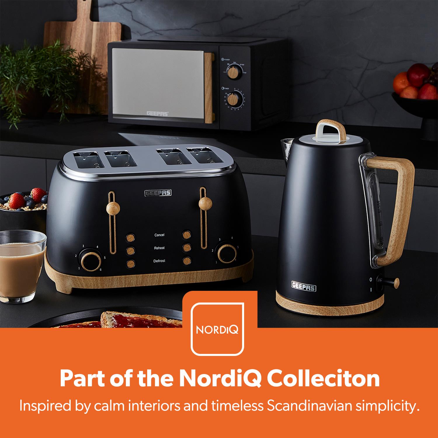 NordiQ Black 4-Slice Toaster & 1.7L Electric Kettle Matching Set