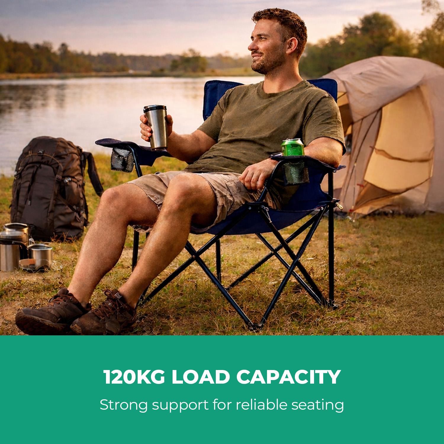 2-Pack Blue Folding Camping Chairs With Integrated Cup Holder
