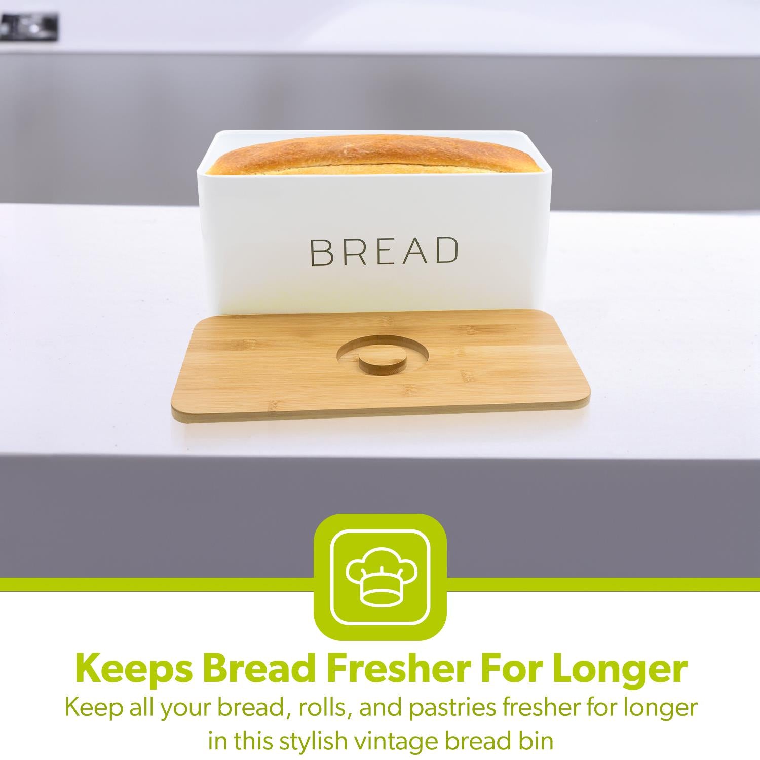 7.6L White Metal Bread Bin With Wooden Chopping Board