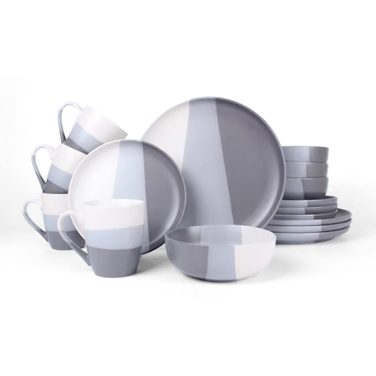 16-Piece Tri-Colour Stoneware Dinner Set Plates, Bowls and Cups