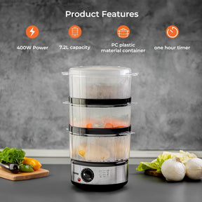 7.2L Stainless Steel Electric Food Steamer With 3 Tiers & Timer