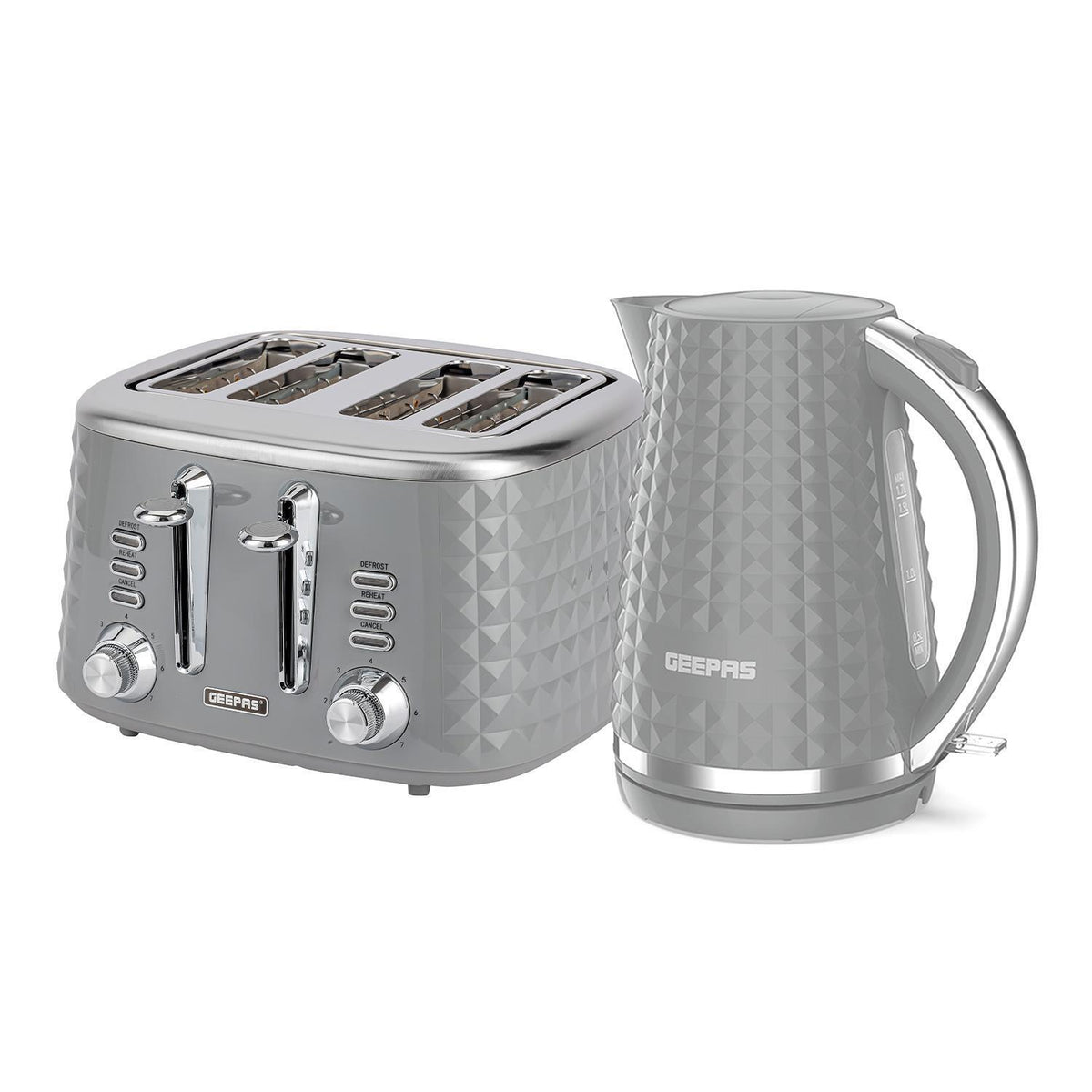 2200W 1.7L Rapid Boil Kettle and Toaster Set In Grey