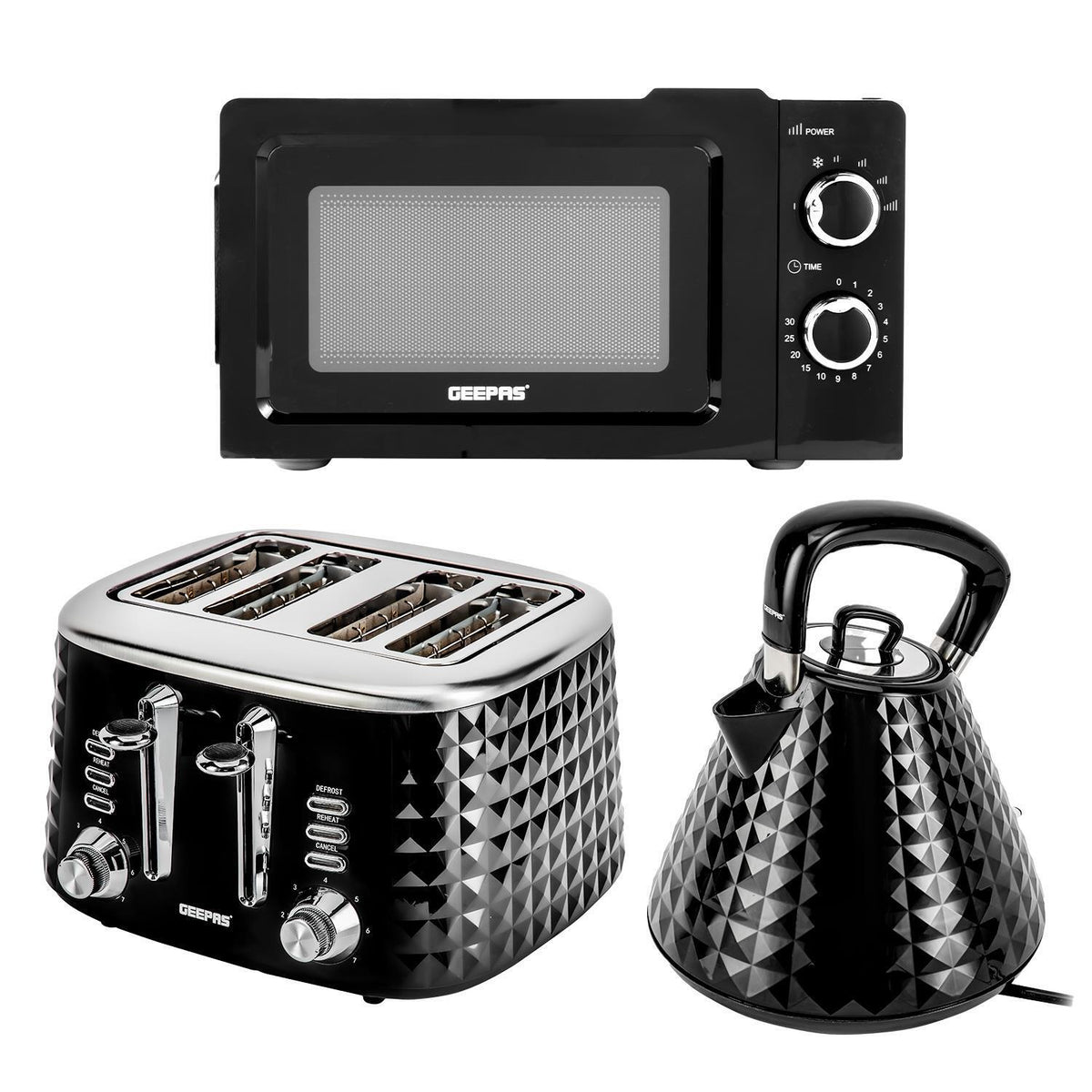 Electric Kettle, 4 Slice Toaster & Microwave Kitchen Set In Black