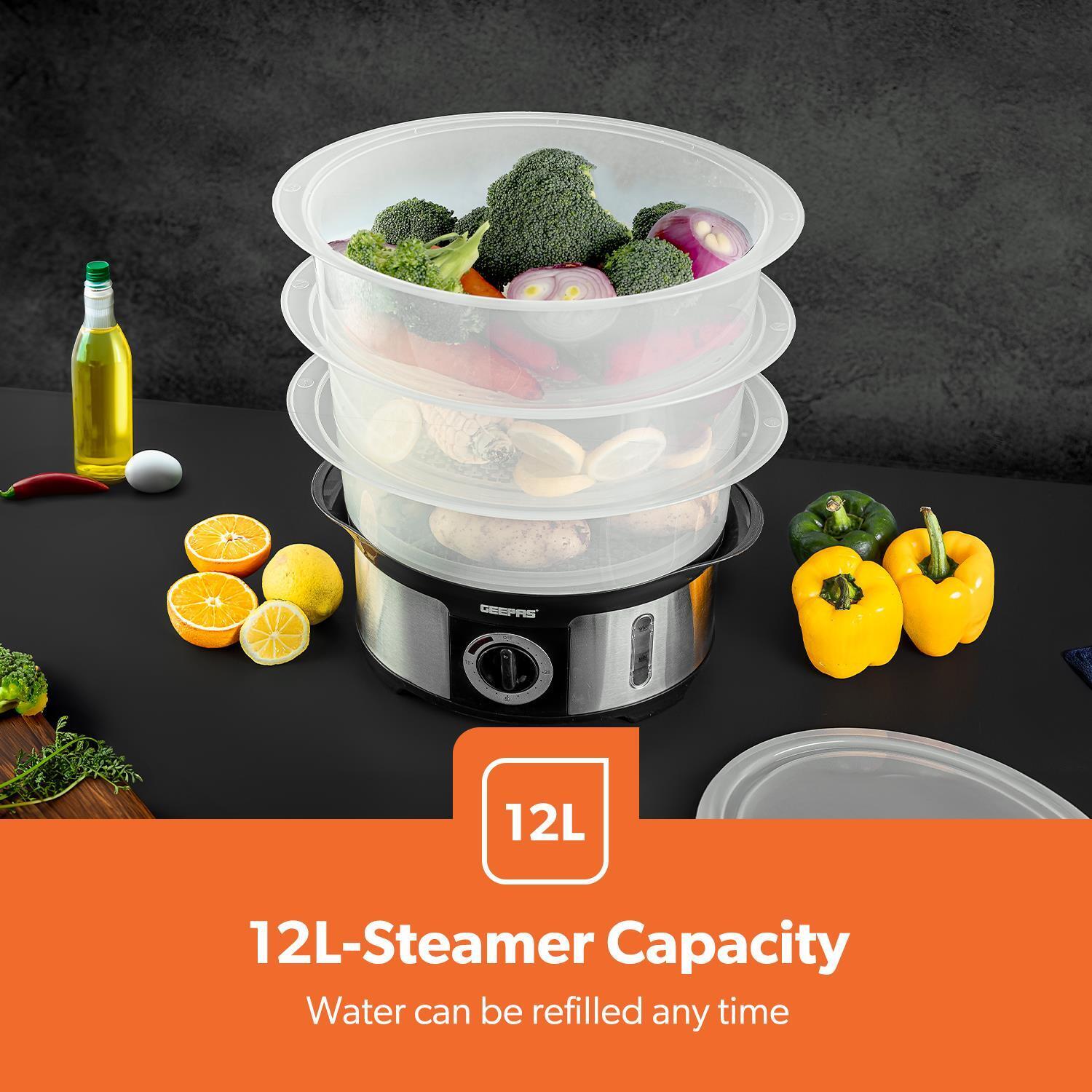 3-Tier Electric Stainless Steel Food Steamer and Cooker 12L
