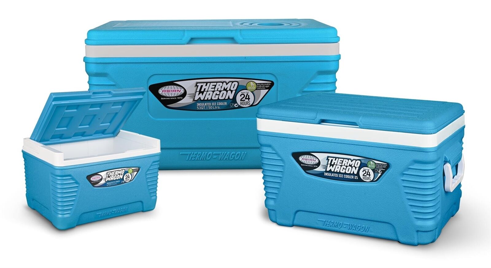 3-Piece Blue Insulated Ice Cooler Chests (5L, 25L & 50L)