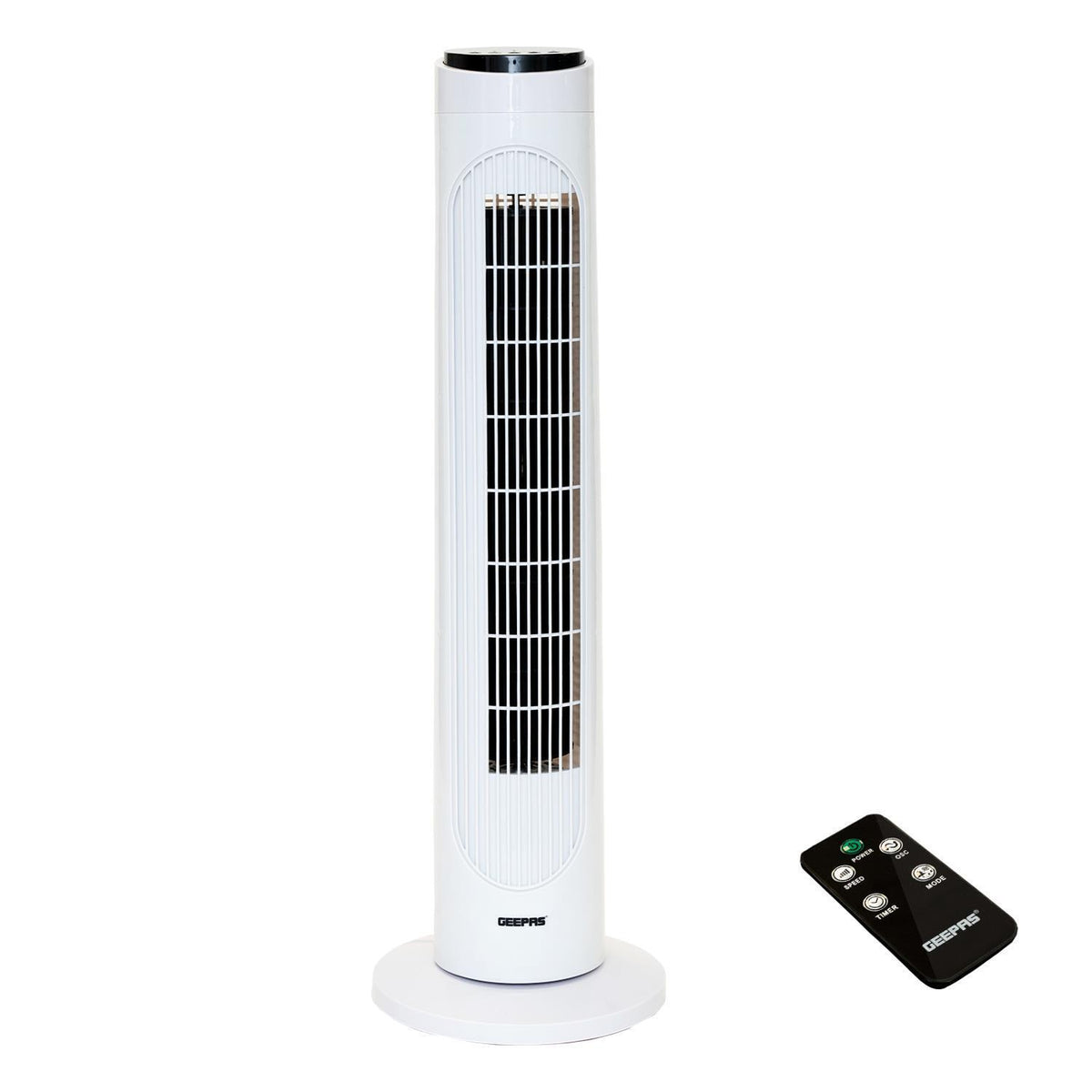 A white background image of 29-Inch Oscillating Tower Fan with 3 Speeds and Remote Control