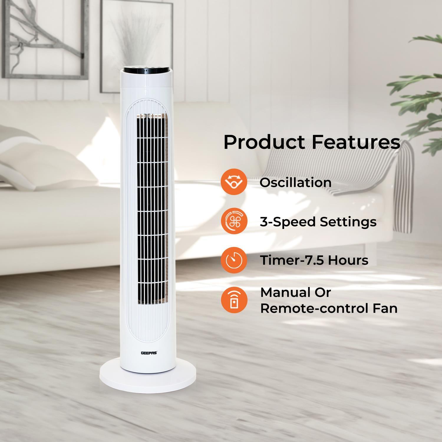 Showing off the main product features of the 29 inch tower fan, with the main features being oscillation, 3-speed settings, 7.5 hour timer and manual or remote controlled operation.