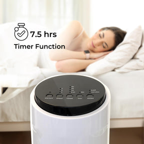 A woman sleeping in the background of the 29 inch tower fan with a 7.5 hour timer function.