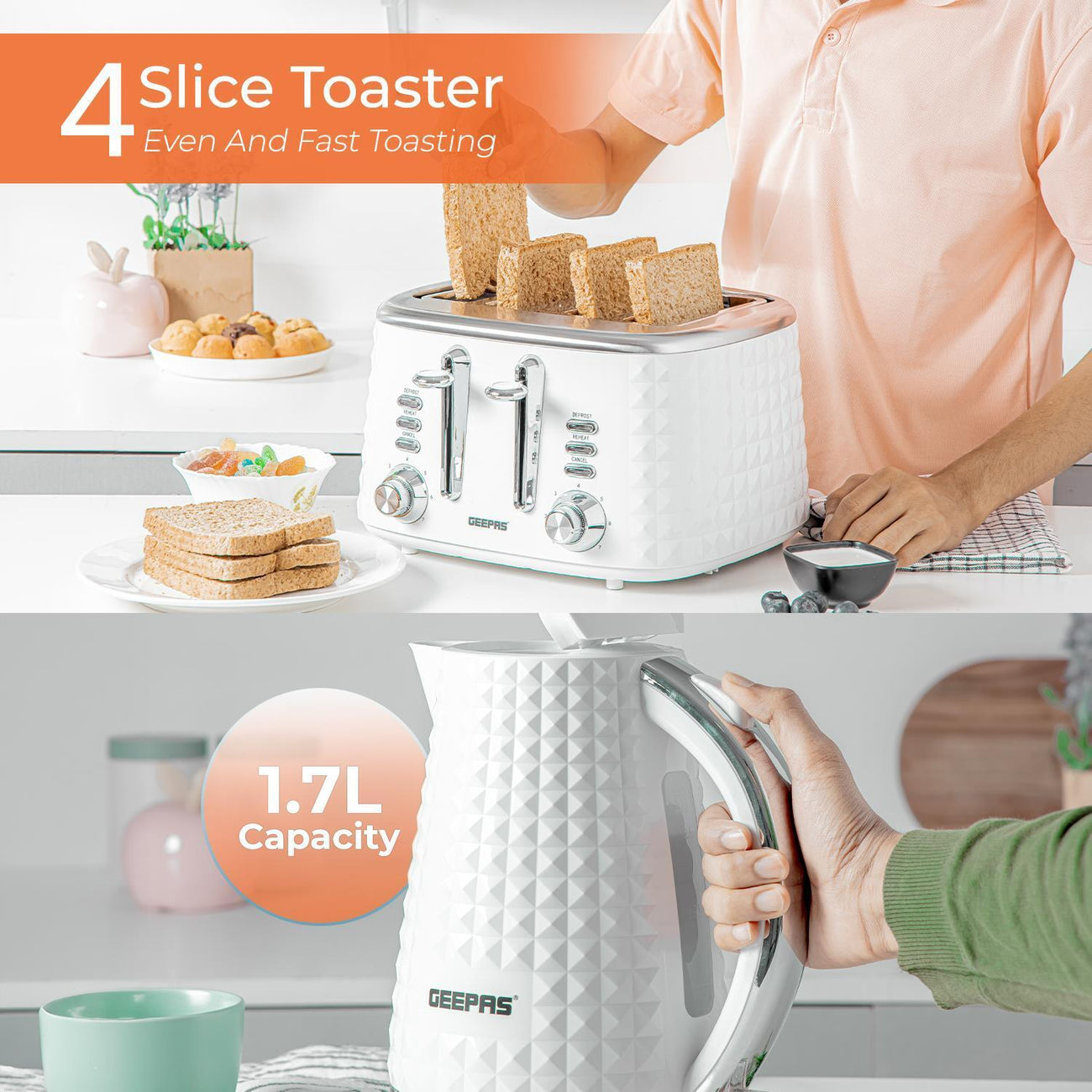 'Diamond' 4 Slice Toaster & 1.7L Cordless Kettle Set Geepas UK