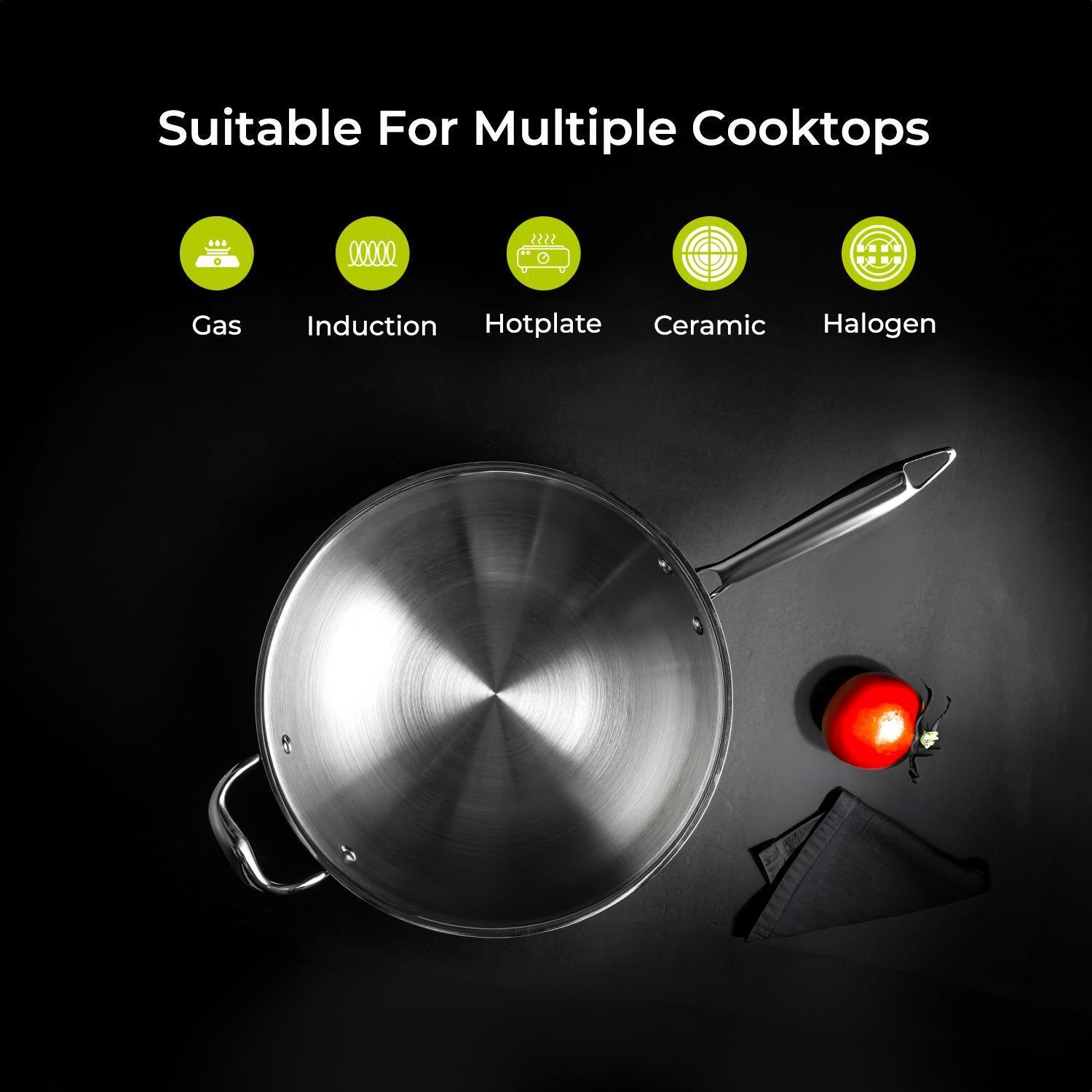 24cm Triply Induction Stainless Steel Wok Pan With Lid