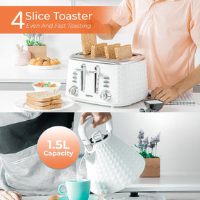 White Short Diamond Four-Slice Toaster and Kettle Set
