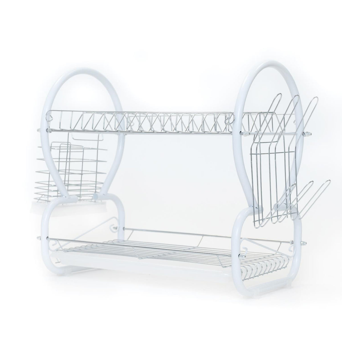 Two-Tier White Dish Drainer Rack With Utensils Holder