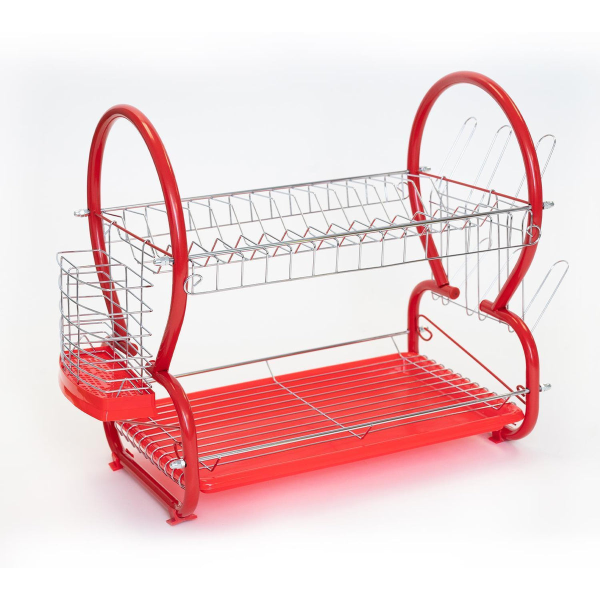Two Tier Red Dish Draining Rack With Utensils Holder