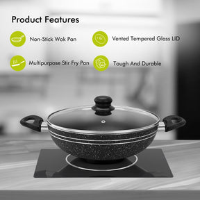 Premium 28cm Non-Stick Induction Wok Pan with Glass Lid